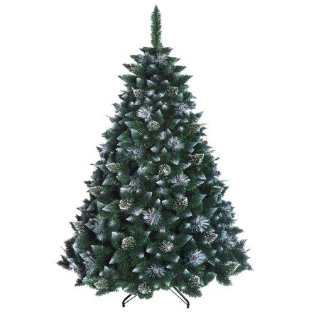 Snow Covered Christmas tree, with real natural cones, white snow, and silver crystals