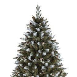 Scandinavian Spruce Christmas tree, bushy and thic with real natural cones and white snow